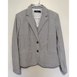 Lauren Ralph Lauren Seersucker Blazer Women’s 10 Petite 10P Gray White Stripe